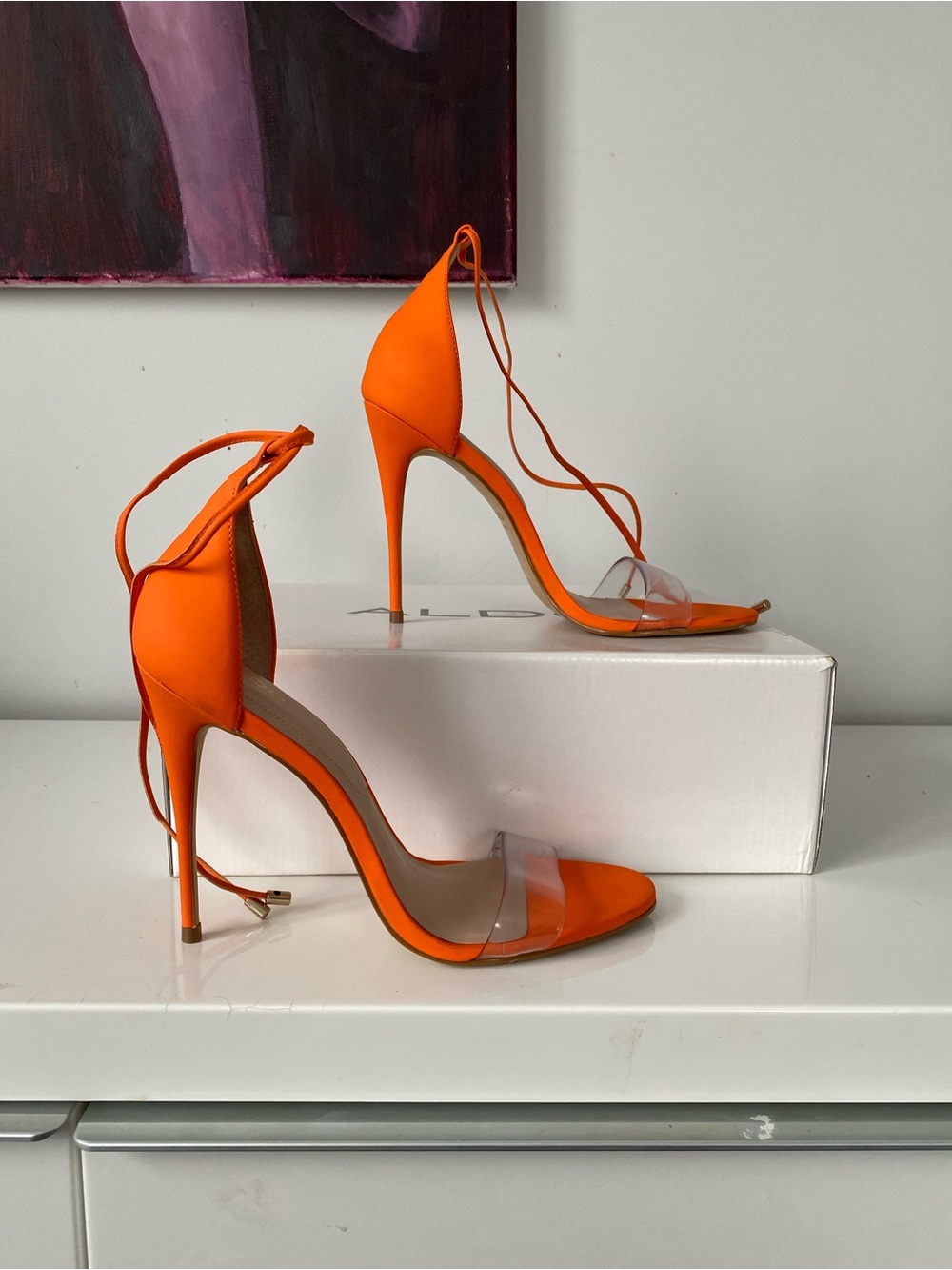 Aldo Orange Ankle-Tie Clear-Strap Stiletto Sandals